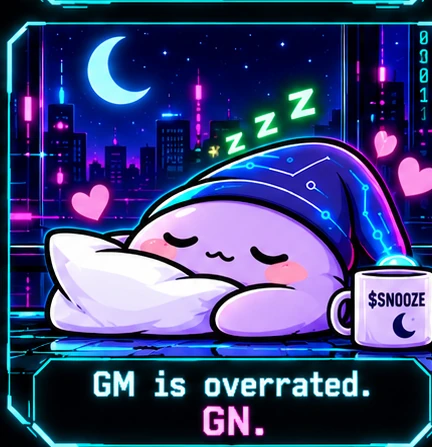 Snooze sleeping with a pillow under a moonlit neon skyline